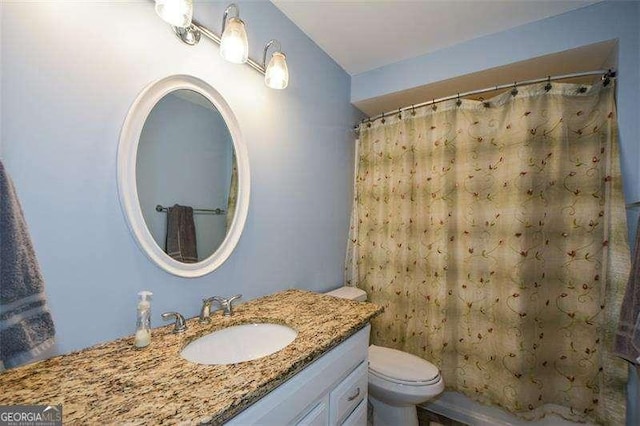 full bathroom featuring toilet, a shower with curtain, and vanity