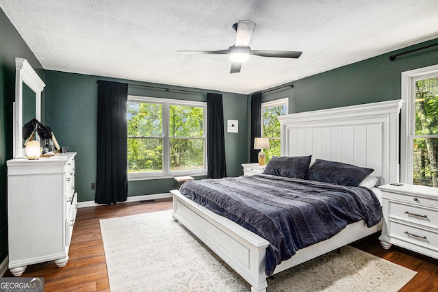 211 Phillips St, Clarkesville, GA 30523 - bedroom with multiple windows, a textured ceiling, dark wood-type flooring, a ceiling fan, and baseboards