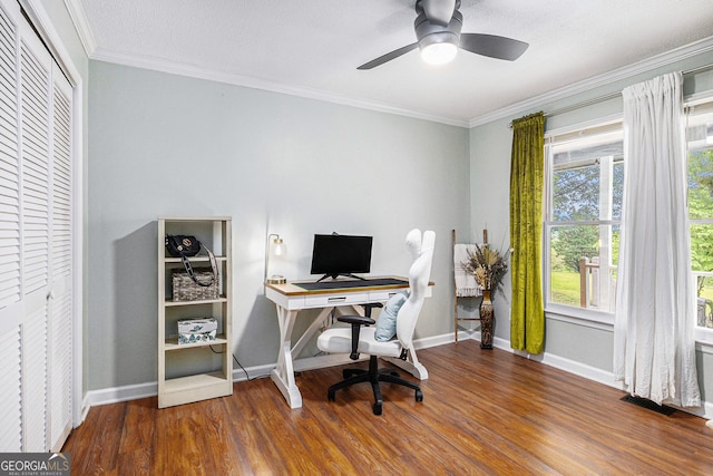 211 Phillips St, Clarkesville, GA 30523 - office area featuring wood finished floors, ornamental molding, a ceiling fan, and baseboards