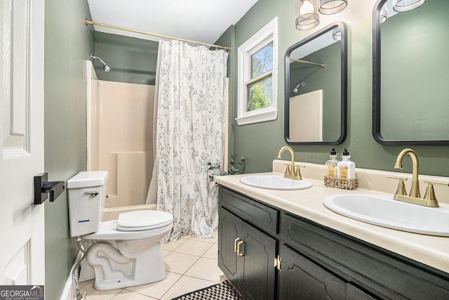 211 Phillips St, Clarkesville, GA 30523 - full bath with tile patterned flooring, toilet, double vanity, and shower / bathtub combination with curtain