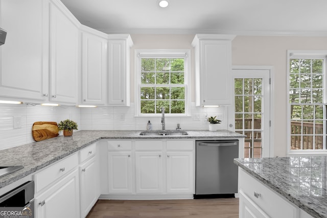 kitchen with a sink, decorative backsplash, plenty of natural light, and dishwasher