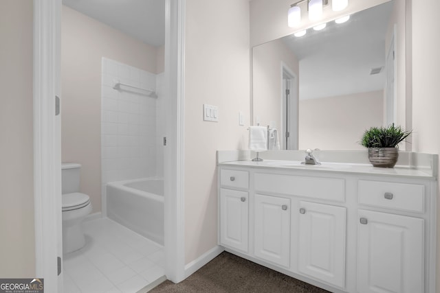 full bathroom featuring toilet, baseboards, visible vents, vanity, and tub / shower combination