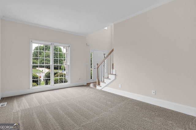 interior space with crown molding, carpet, and baseboards