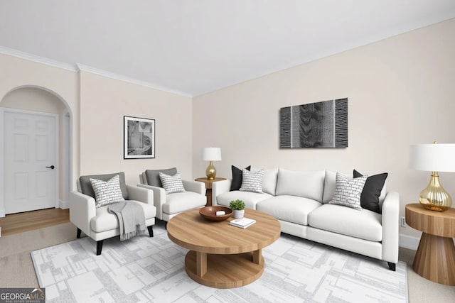 living room featuring arched walkways, baseboards, light wood-type flooring, and crown molding