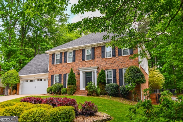 615 Woodwork Way, Roswell, GA 30076 - colonial home featuring brick siding, a garage, roof with shingles, and driveway