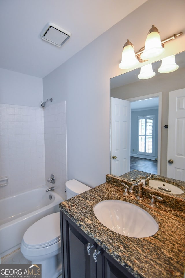 615 Woodwork Way, Roswell, GA 30076 - bathroom featuring shower / bathtub combination, vanity, and toilet