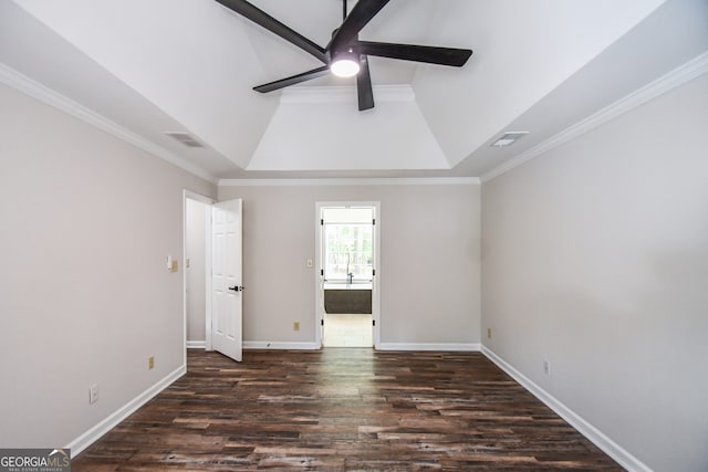 615 Woodwork Way, Roswell, GA 30076 - unfurnished bedroom featuring visible vents, ornamental molding, connected bathroom, and wood finished floors