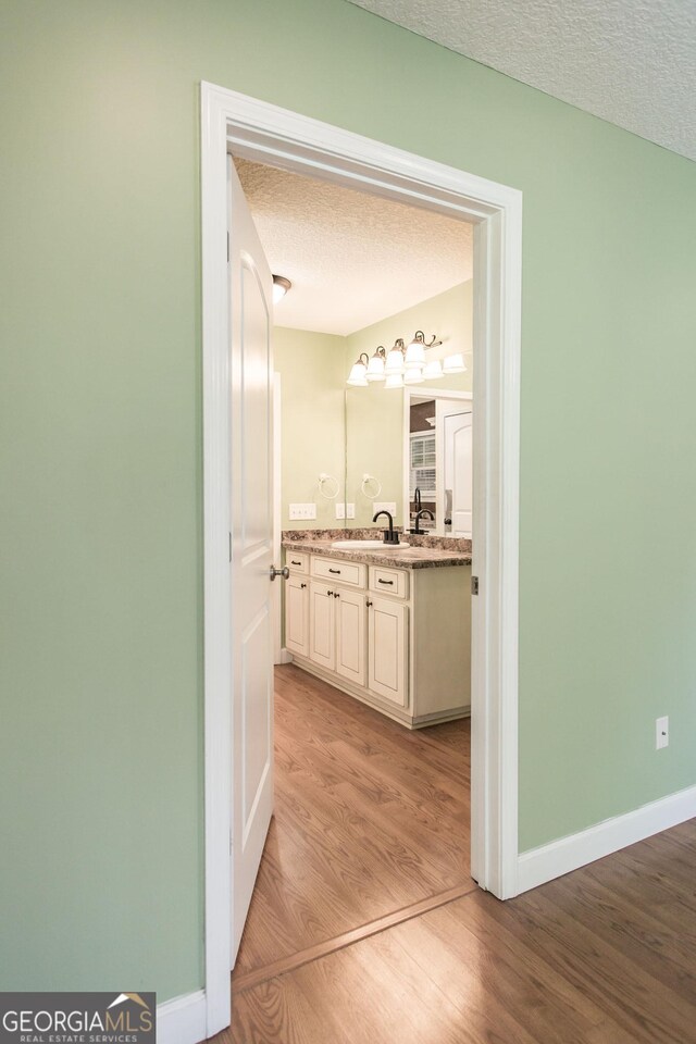 bathroom with baseboards, a textured ceiling, wood finished floors, and vanity