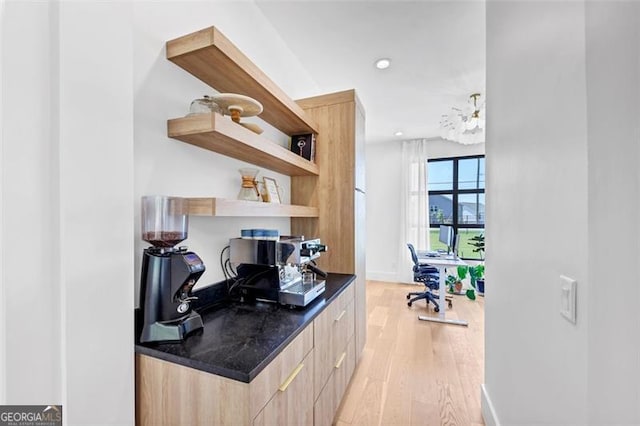 bar featuring recessed lighting, light wood finished floors, and baseboards