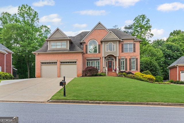 view of front of property featuring brick siding, driveway, and a front yard