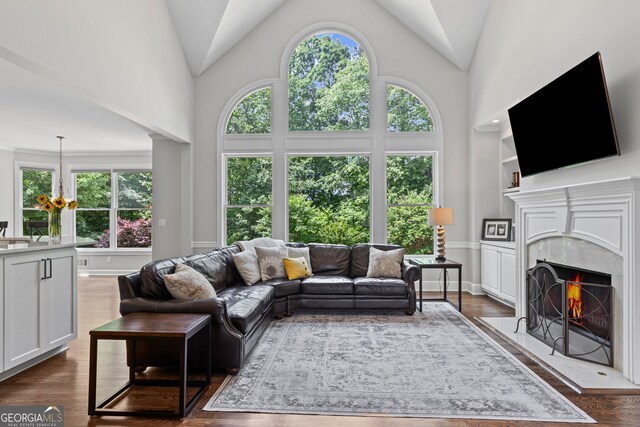 living room featuring high vaulted ceiling, dark wood-style flooring, and a premium fireplace
