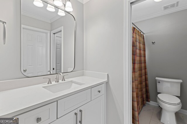 full bath featuring visible vents, ornamental molding, vanity, toilet, and baseboards
