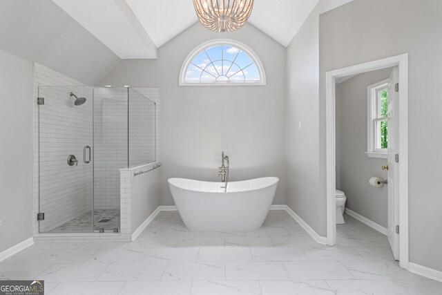 bathroom with a chandelier, a shower stall, marble finish floor, and plenty of natural light
