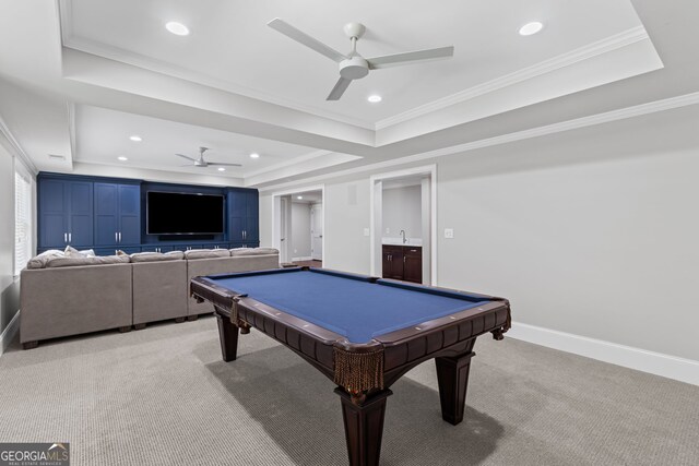 recreation room with light carpet, a ceiling fan, recessed lighting, billiards, and a tray ceiling