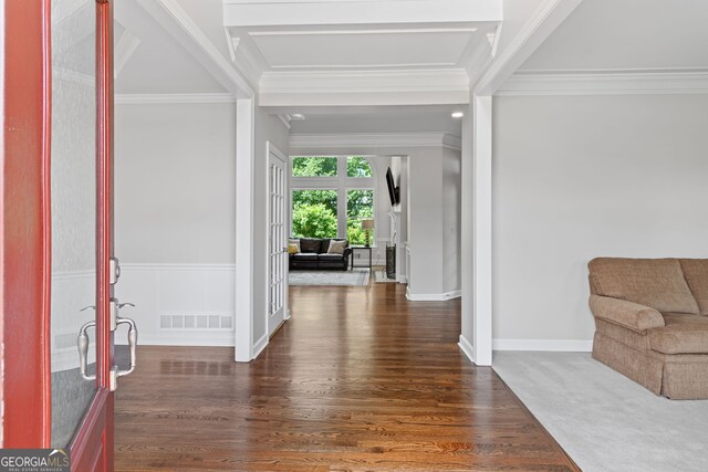 entryway with visible vents, ornamental molding, baseboards, french doors, and dark wood finished floors