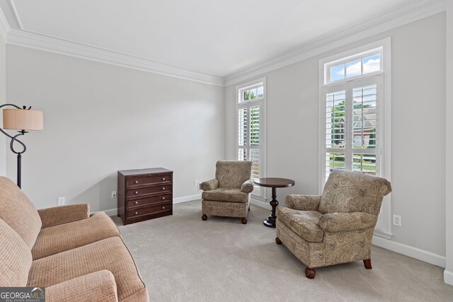 sitting room with crown molding, baseboards, and carpet
