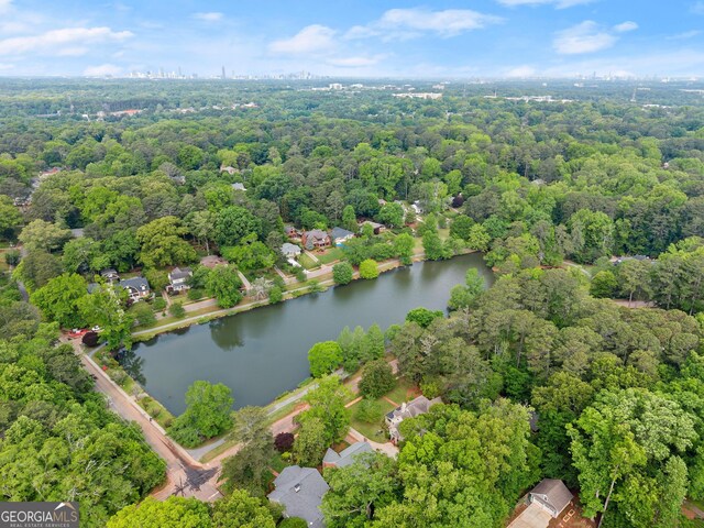 bird's eye view with a water view and a view of trees