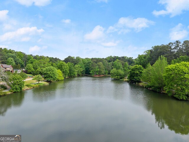 water view featuring a forest view