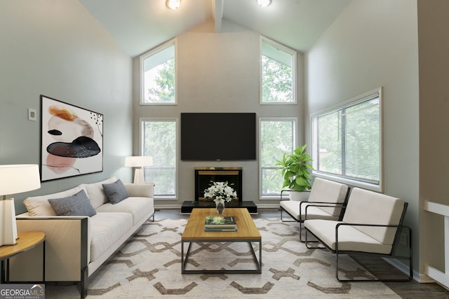 6255 Saddlewood Dr, Lithonia, GA 30058 - living room featuring high vaulted ceiling, wood finished floors, and a fireplace with raised hearth