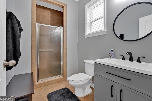 full bath featuring tile patterned floors, a shower stall, toilet, vanity, and baseboards