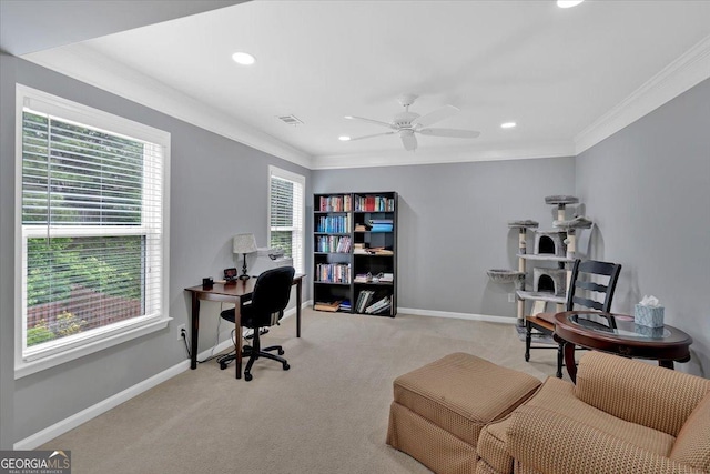 office space with ornamental molding, baseboards, a ceiling fan, carpet floors, and recessed lighting
