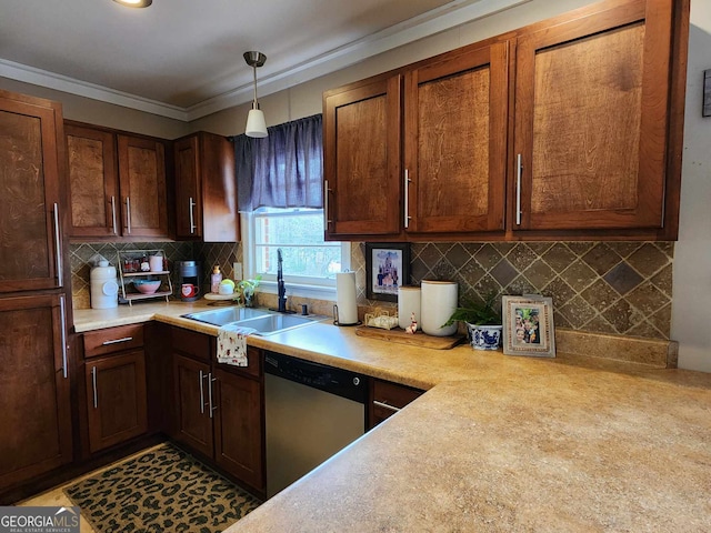 kitchen with a sink, backsplash, dishwasher, and light countertops
