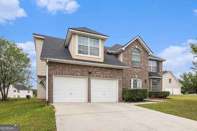 4207 Fortune Pt, South Fulton, GA 30349 - traditional home with a front yard, concrete driveway, brick siding, a shingled roof, and a garage