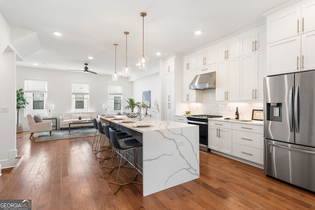kitchen featuring under cabinet range hood, stainless steel appliances, dark wood-style floors, and white cabinetry