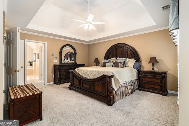 139 Ardsley Run, Canton, GA 30115 - bedroom with a tray ceiling, light colored carpet, crown molding, ensuite bath, and ceiling fan