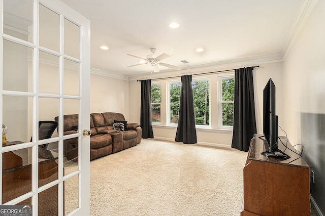 139 Ardsley Run, Canton, GA 30115 - living room with ornamental molding, recessed lighting, a ceiling fan, and carpet floors