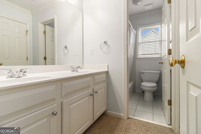 139 Ardsley Run, Canton, GA 30115 - bathroom with double vanity, crown molding, shower / bath combination with curtain, and tile patterned floors