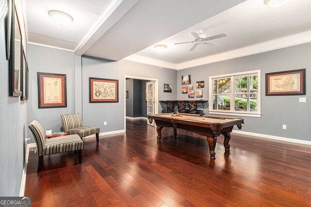 139 Ardsley Run, Canton, GA 30115 - recreation room featuring hardwood / wood-style floors, billiards, ornamental molding, and a ceiling fan