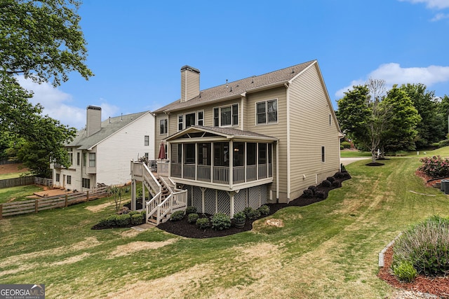 139 Ardsley Run, Canton, GA 30115 - back of house featuring a sunroom, stairs, a chimney, and a wooden deck