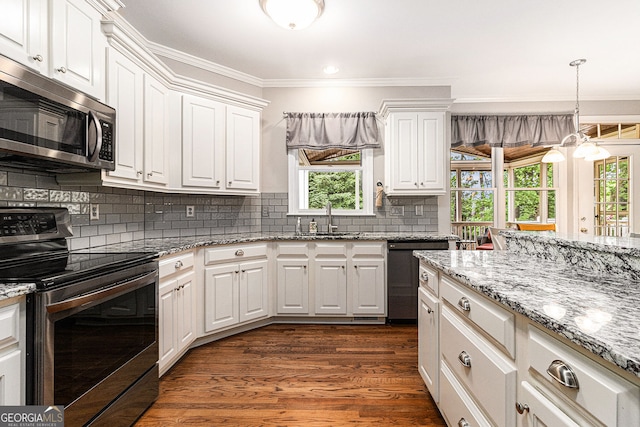 139 Ardsley Run, Canton, GA 30115 - kitchen with appliances with stainless steel finishes, ornamental molding, plenty of natural light, white cabinetry, and dark wood-style floors