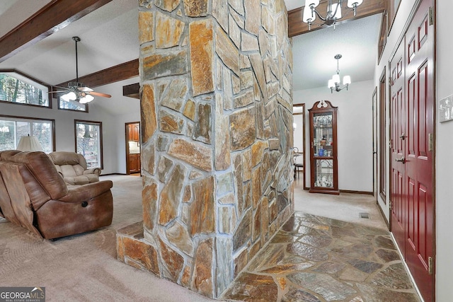 337 Andrew Bailey Rd, Sharpsburg, GA 30277 - entrance foyer featuring carpet floors, ceiling fan, beamed ceiling, a chandelier, and high vaulted ceiling