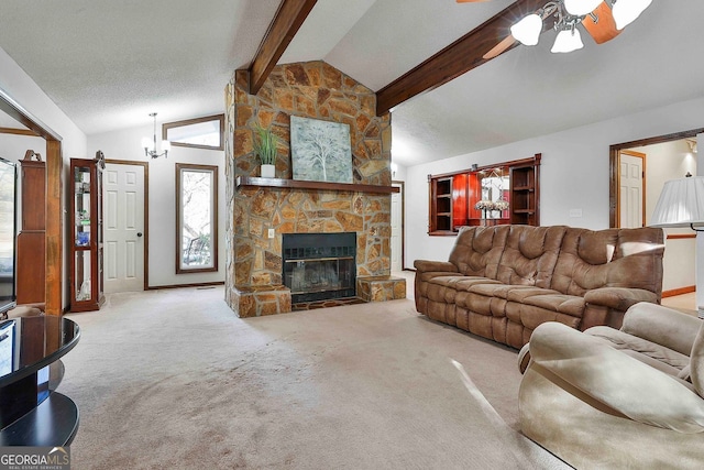 337 Andrew Bailey Rd, Sharpsburg, GA 30277 - living room featuring ceiling fan, carpet, and a stone fireplace