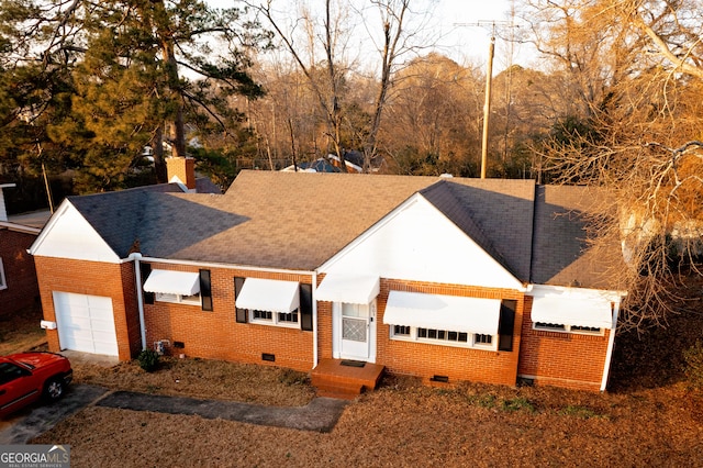 603 E Main St, Thomaston, GA 30286 - ranch-style house with crawl space, an attached garage, brick siding, a chimney, and roof with shingles