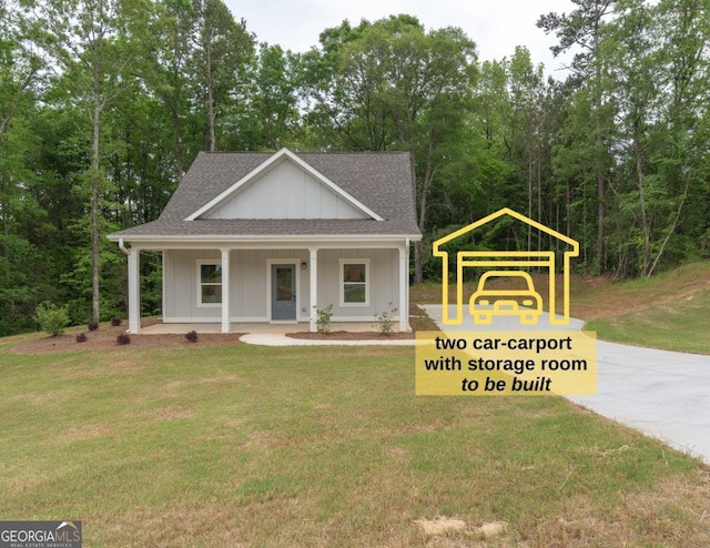view of front of home with a front yard, a shingled roof, board and batten siding, a porch, and a carport