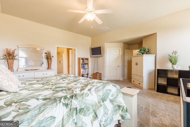 bedroom with visible vents, carpet, ceiling fan, and baseboards