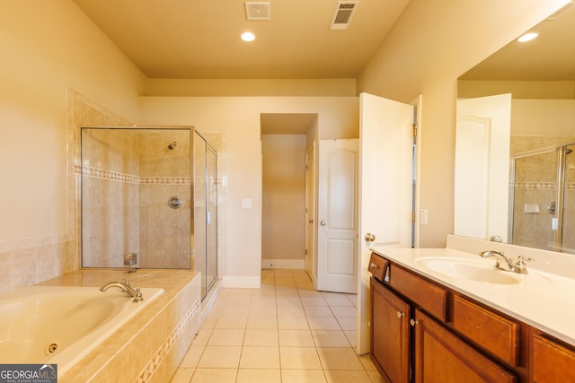 full bath with vanity, tile patterned floors, a shower stall, visible vents, and a bath