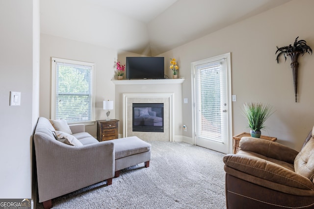 carpeted living room with baseboards and a premium fireplace