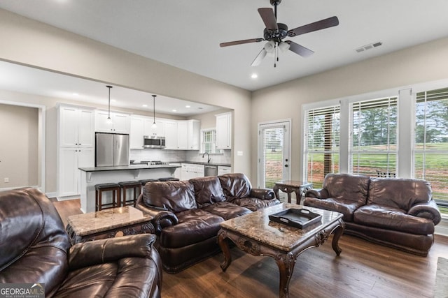 1515 Cabin Creek Trl, Griffin, GA 30223 - living room featuring recessed lighting, ceiling fan, a wealth of natural light, and wood finished floors