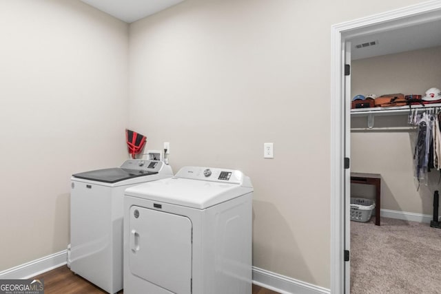 1515 Cabin Creek Trl, Griffin, GA 30223 - clothes washing area featuring baseboards, laundry area, visible vents, and washer and clothes dryer