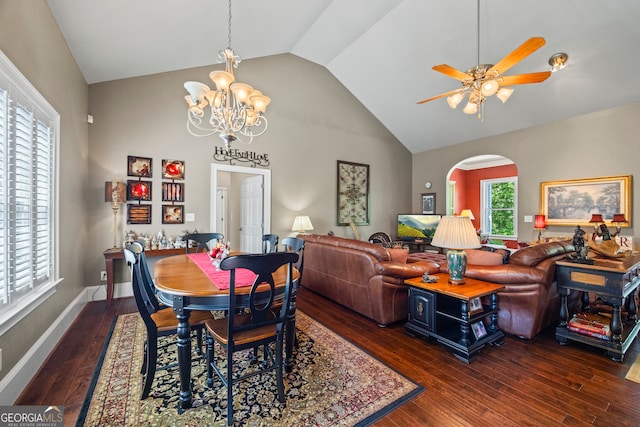 160 Evans Dr, Bogart, GA 30622 - dining area featuring arched walkways, a chandelier, wood finished floors, high vaulted ceiling, and a ceiling fan