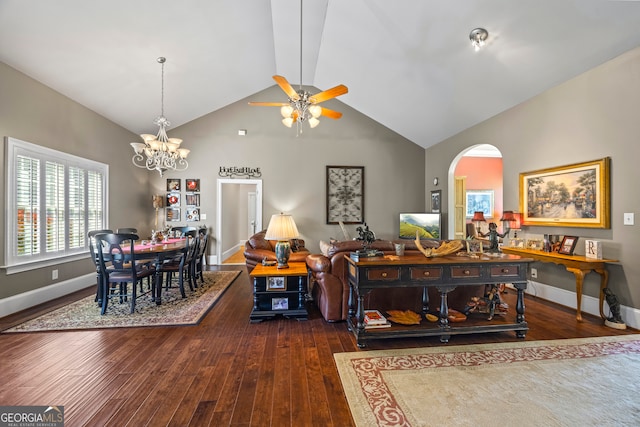 160 Evans Dr, Bogart, GA 30622 - living room with wood-type flooring, a chandelier, arched walkways, high vaulted ceiling, and a ceiling fan
