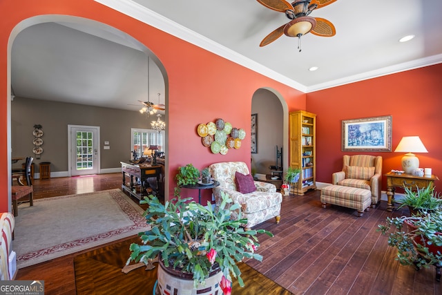 160 Evans Dr, Bogart, GA 30622 - living area with ceiling fan, arched walkways, recessed lighting, hardwood / wood-style floors, and ornamental molding
