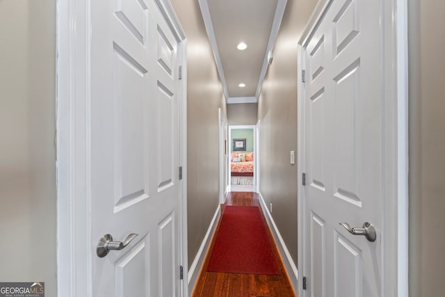 160 Evans Dr, Bogart, GA 30622 - hallway featuring baseboards, ornamental molding, dark wood-type flooring, and recessed lighting