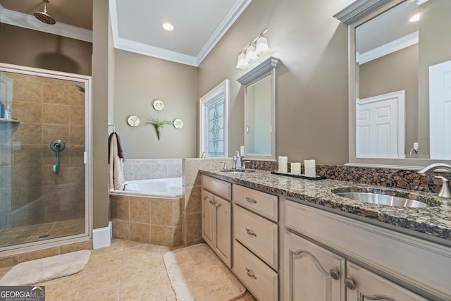 160 Evans Dr, Bogart, GA 30622 - full bathroom with a shower stall, double vanity, a bath, crown molding, and tile patterned flooring