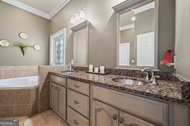 160 Evans Dr, Bogart, GA 30622 - bathroom with ornamental molding, double vanity, and a garden tub
