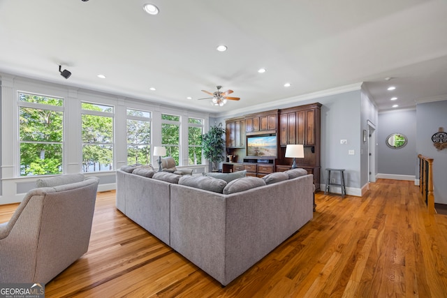 160 Evans Dr, Bogart, GA 30622 - living area with crown molding, recessed lighting, ceiling fan, light wood-style floors, and baseboards